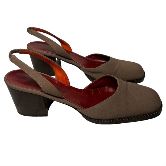 Yves Saint Laurent Vintage Tan Canvas Heel Slingback Square toed size 7.5 - Picture 3 of 14